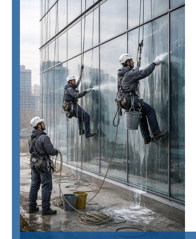 Промышленная мойка панорамных окон на высоте в Рыбинске