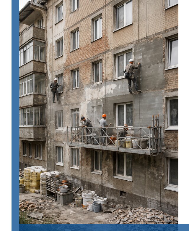 Капитальный ремонт фасада в Рыбинске с восстановлением и гидроизоляцией