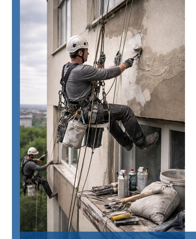 Косметический ремонт фасада зданий в Рыбинске промышленными альпинистами