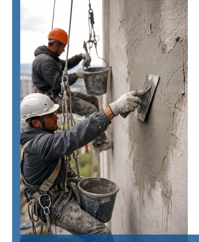 Штукатурка фасада на высоте в Рыбинске профессиональные работы