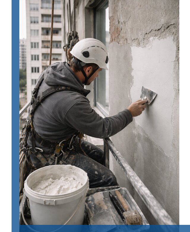 Шпаклевка фасадов на высоте с промальпинистами в Рыбинске