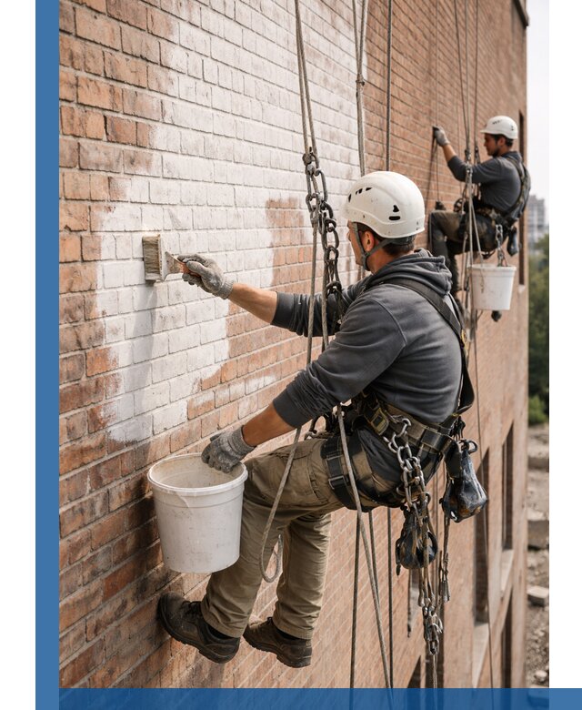 Покраска кирпичного фасада с доступным альпинистским сервисом в Рыбинске