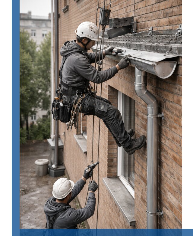 Монтаж водосточной системы на здании в Рыбинске под ключ