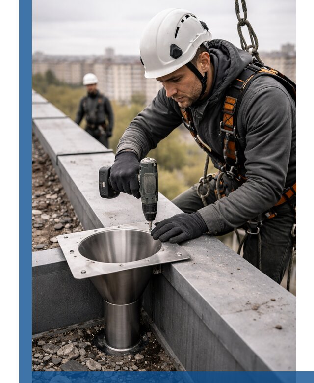 Монтаж водосточных воронок в Рыбинске для промышленных зданий