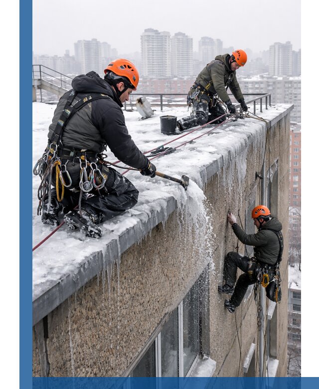 Удаление наледи с кровли в Рыбинске промышленными альпинистами