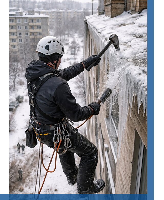 Сбивание сосулек с крыши в Рыбинске по цене от 4684 р. | ВЫСОТНИК-Рбн