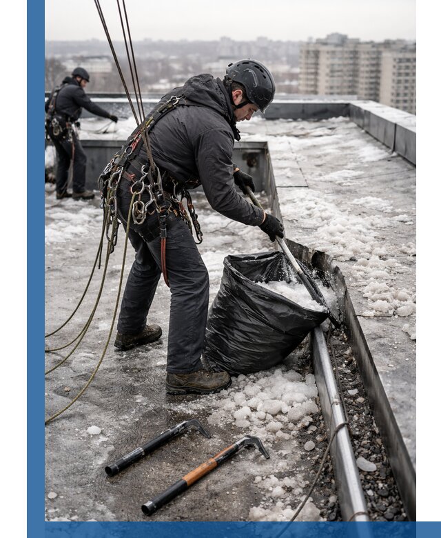 Аварийная очистка кровли в Рыбинске от промальпинистов