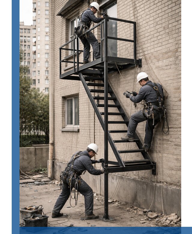 Монтаж пожарной лестницы в Рыбинске, установка и крепление