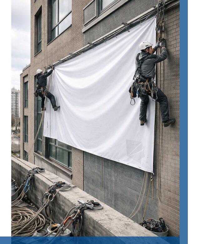 Монтаж баннеров на фасаде в Рыбинске от 677 р. заказать ВЫСОТНИК-Рбн