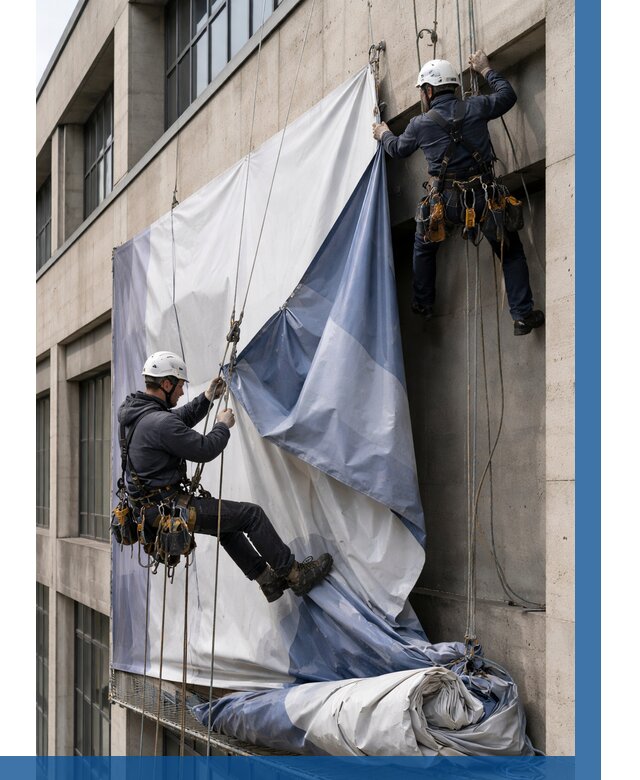 Демонтаж баннеров с фасада в Рыбинске от 4684 р. | ВЫСОТНИК-Рбн