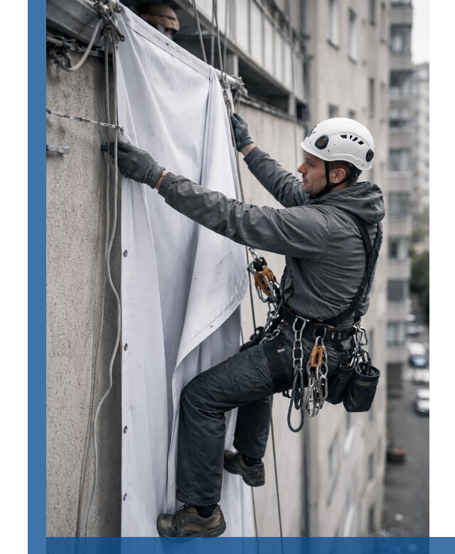 Замена баннерного полотна промышленными альпинистами в Рыбинске