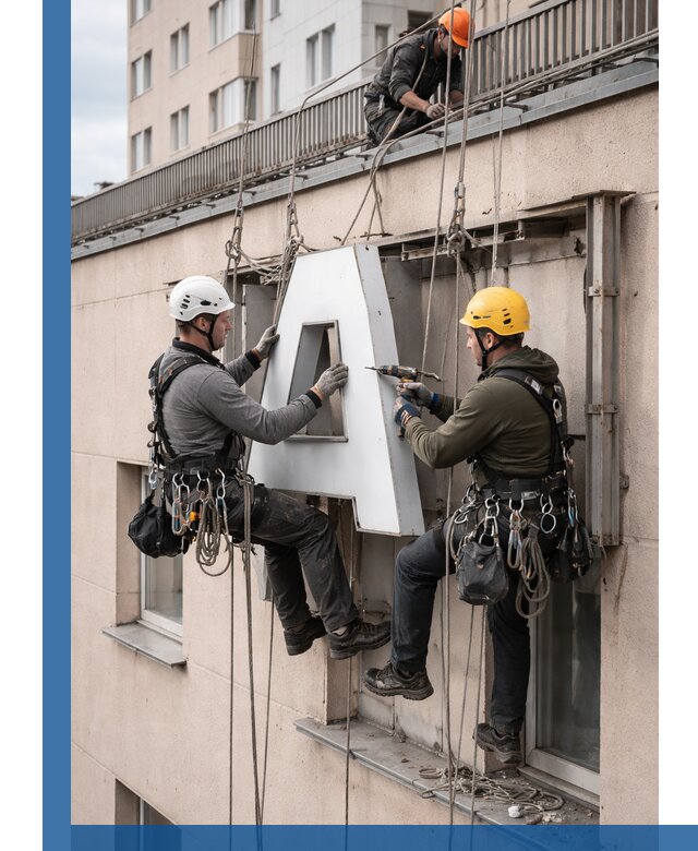 Ремонт и восстановление наружных вывесок на высоте в Рыбинске