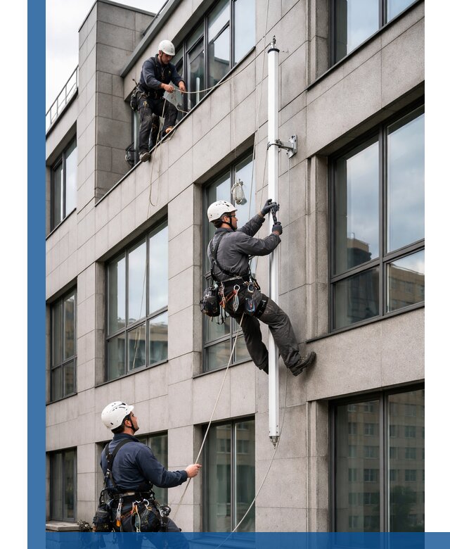 Монтаж флагштока на фасаде здания с креплением и герметикой в Рыбинске