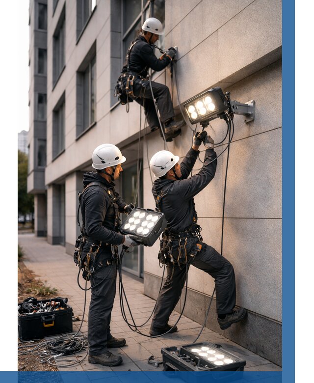 Монтаж прожекторов на фасаде в Рыбинске от 7806 р. | ВЫСОТНИК-Рбн
