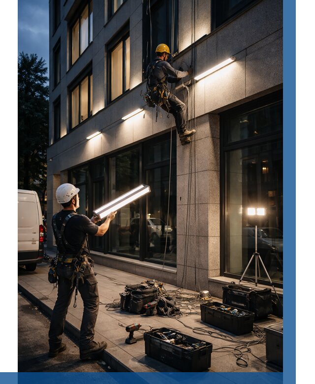 Монтаж архитектурной подсветки здания в Рыбинске от 2602 р.|ВЫСОТНИК-Рбн