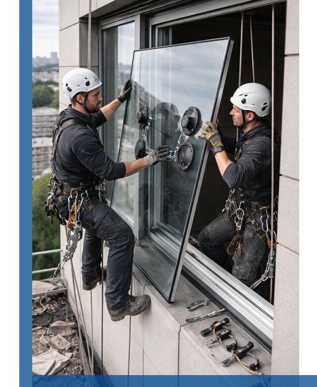 Замена стеклопакетов на высоте с промышленными альпинистами в Рыбинске