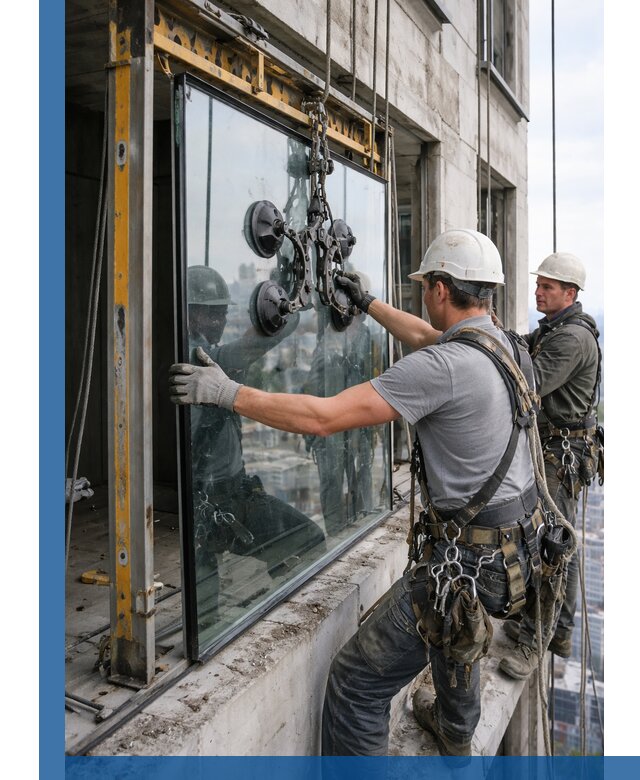 Монтаж стеклопакетов на высоте в Рыбинске с промышленным альпинизмом