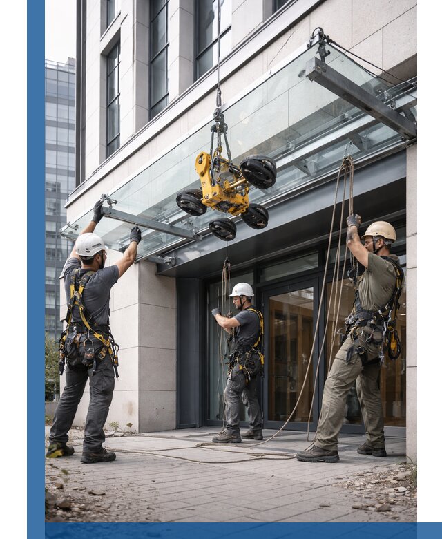 Монтаж стеклянных козырьков под ключ в Рыбинске для зданий