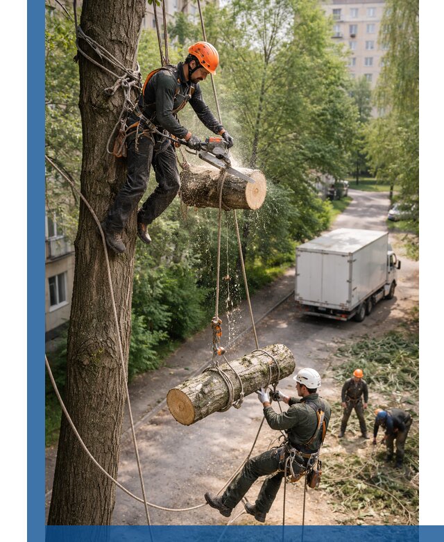 Спил деревьев альпинистами в Рыбинске, безопасно и без повреждений