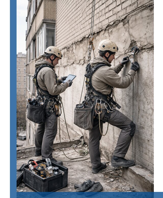 Обследование фасада промышленными альпинистами в Рыбинске